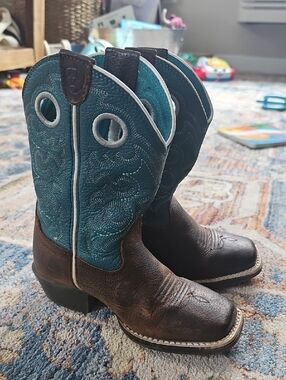 Ariat Crossfire Unisex Youth Size 11.5 Teal Blue Brown Cowboy Boots 10005989